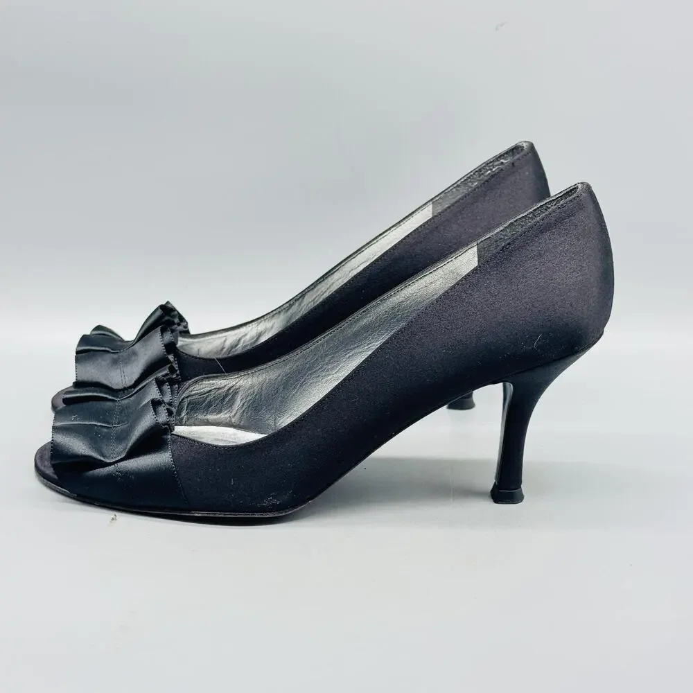Stuart Weitzman Shoes Women 8.5 Black Satin Gigiritz Peep Toe Ruffle Pump Dress
